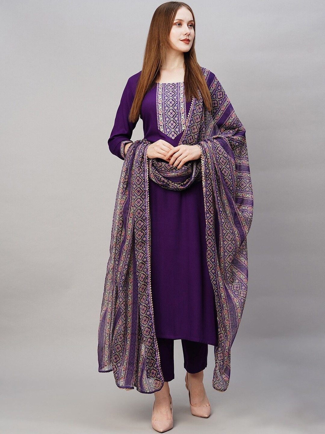 

Anni Designer Floral Yoke Design Regular Kurta with Trousers & Dupatta, Purple