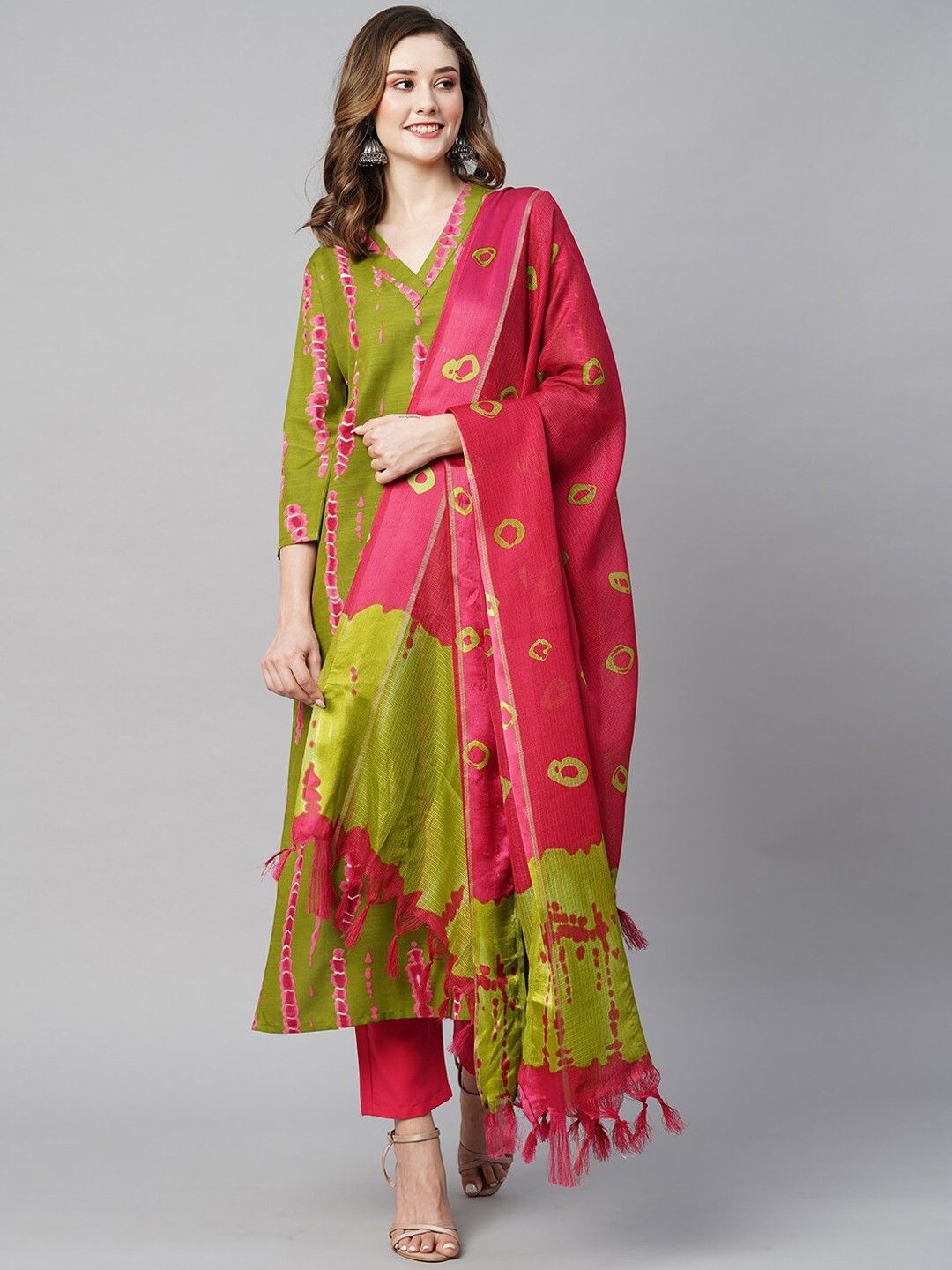 

Anni Designer Ombre Dyed V-Neck Straight Kurta With Trousers & Dupatta, Green