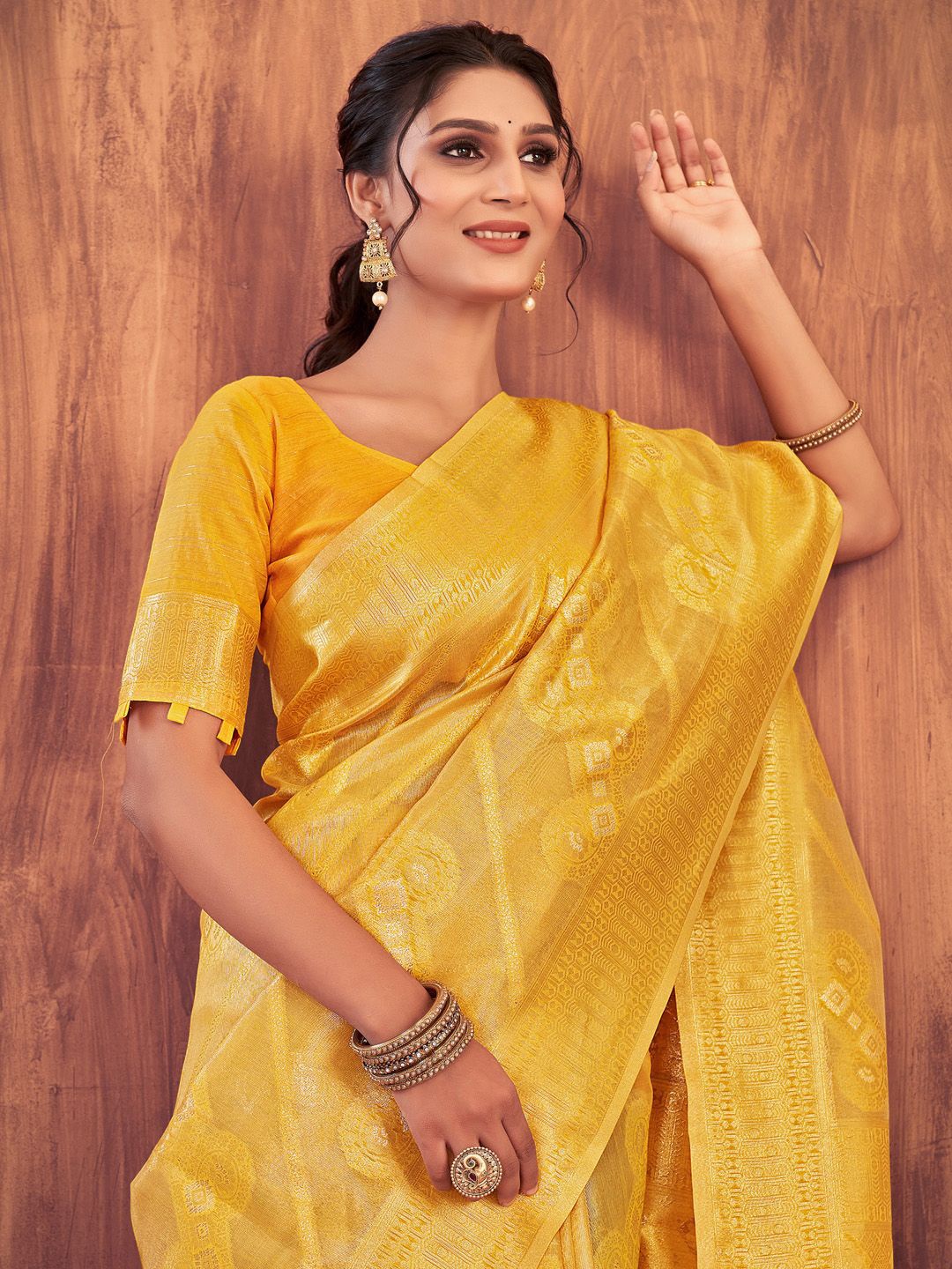 

Mitera Ethnic Motifs Zari Banarasi Saree, Yellow
