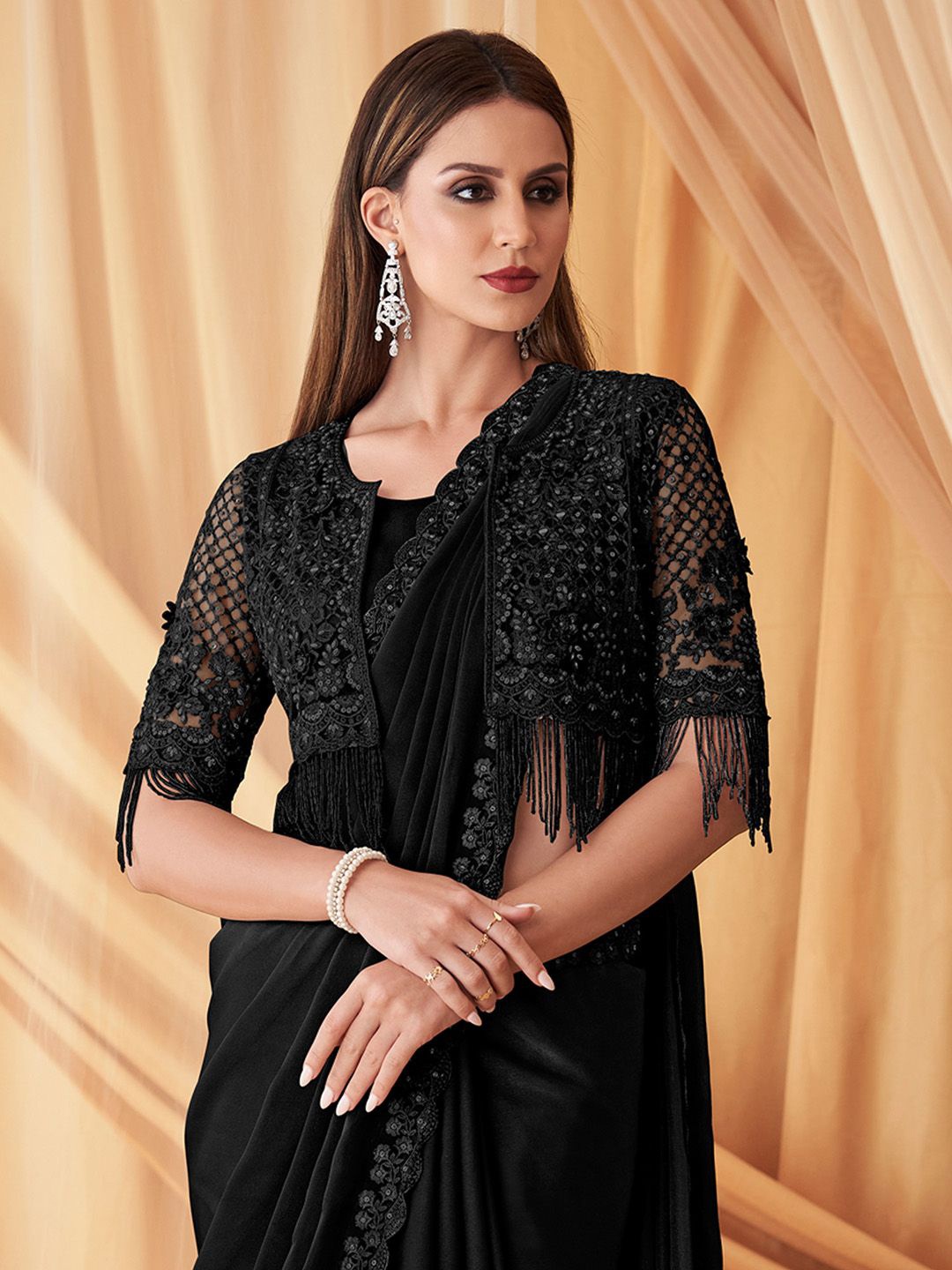 

Mitera Sequinned Pure Georgette Saree, Black