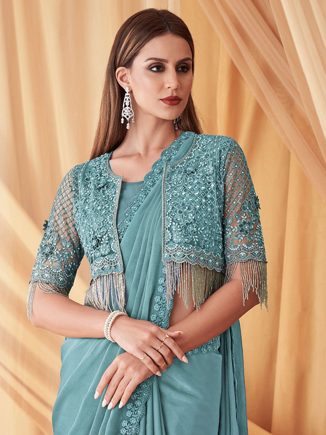 

Mitera Embellished Sequinned Poly Georgette Saree, Teal