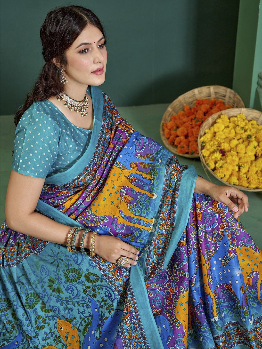 

KALINI Ethnic Motifs Printed Bagru Saree, Magenta