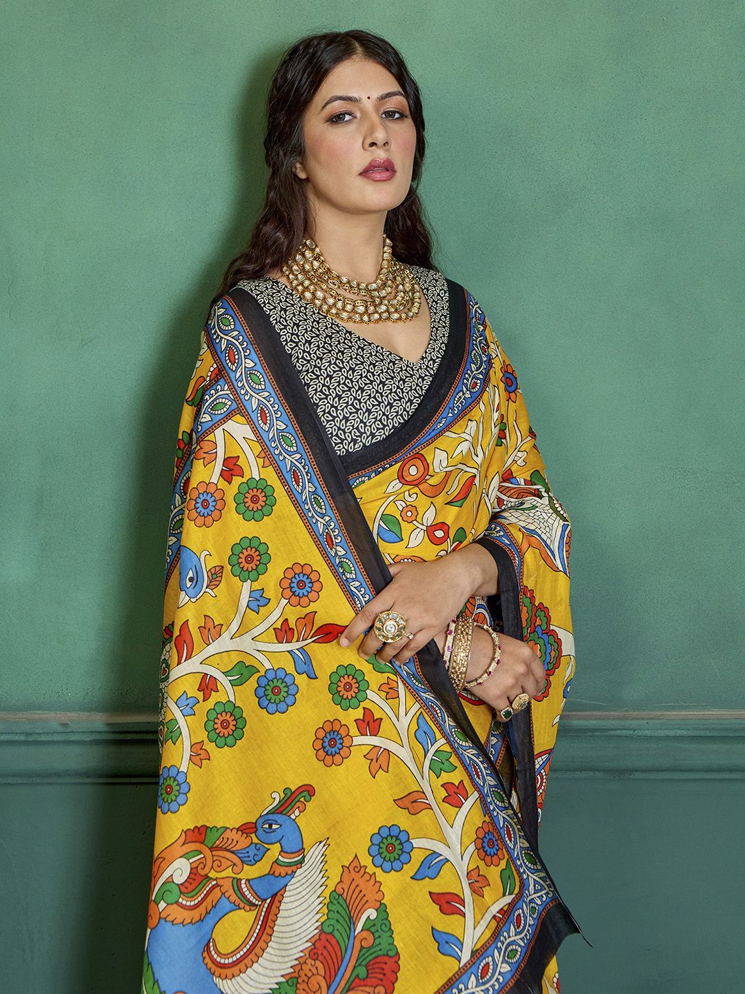 

KALINI Kalamkari Bagru Saree, Yellow