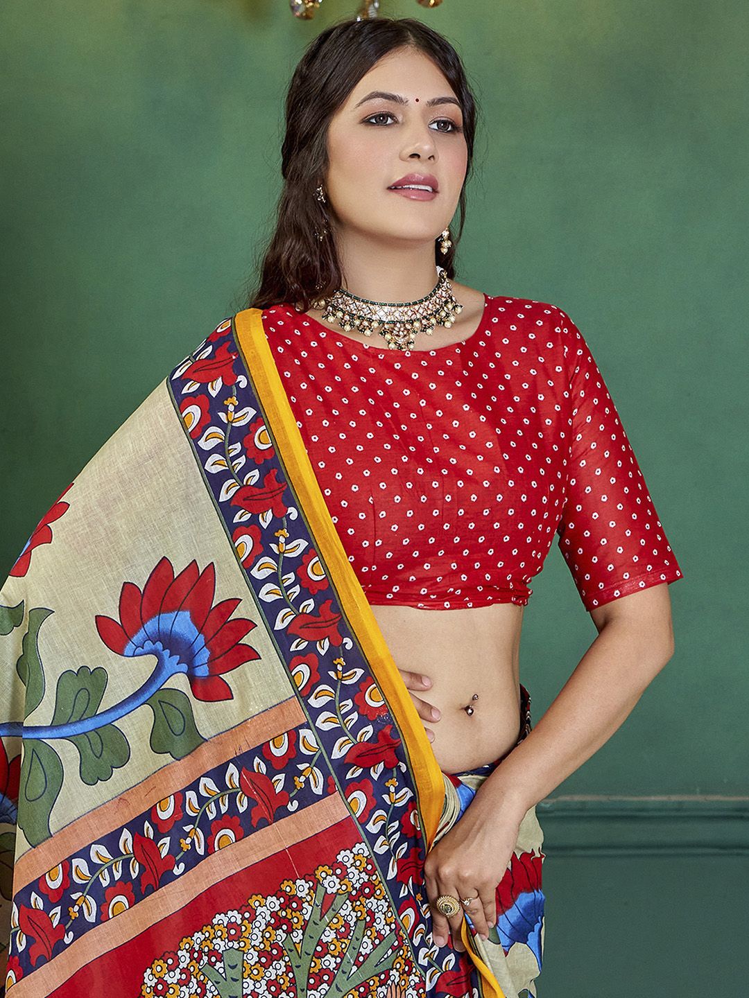 

KALINI Kalamkari Printed Bagru Saree, Green