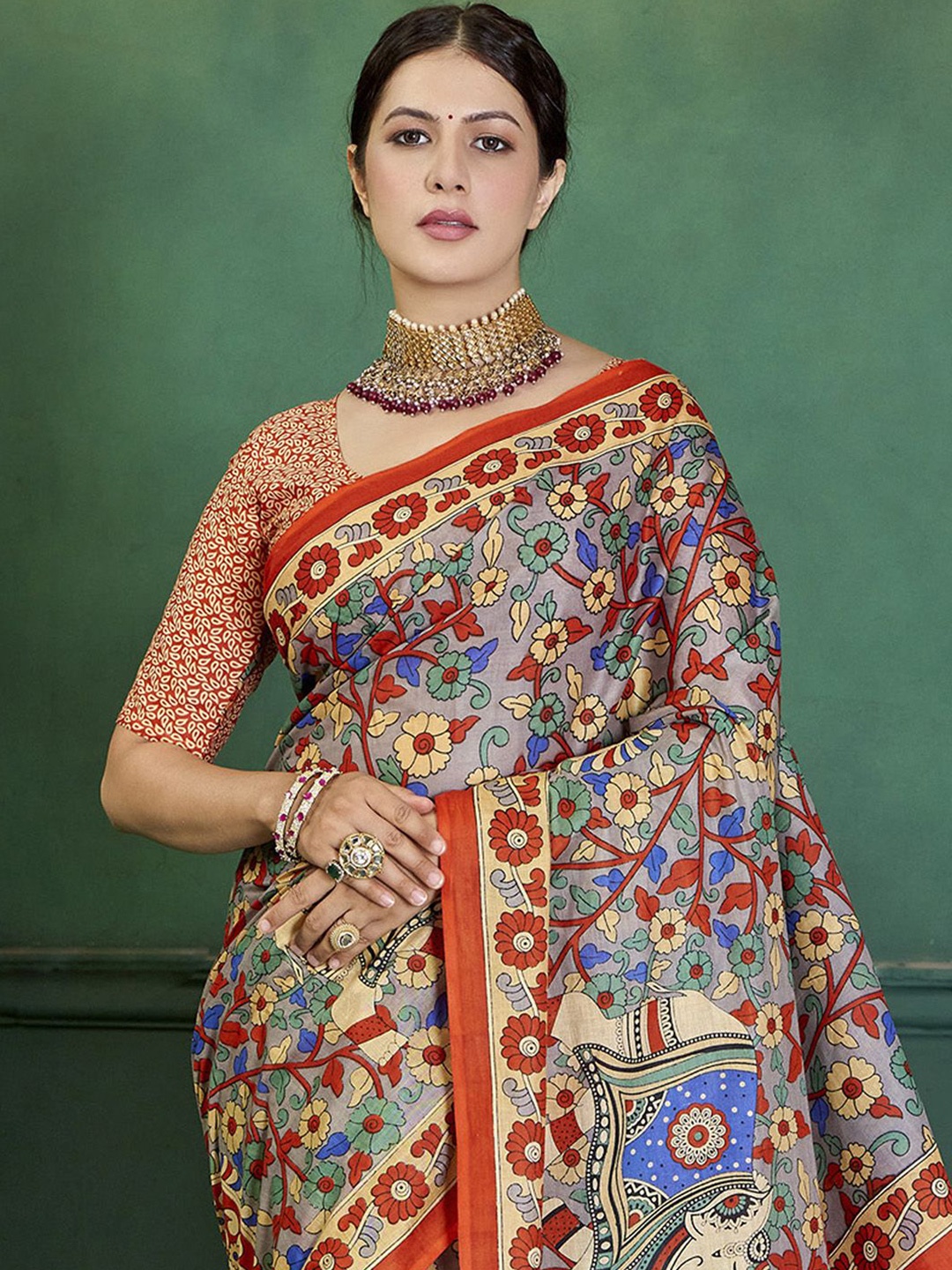 

KALINI Kalamkari Printed Bagru Saree, Grey
