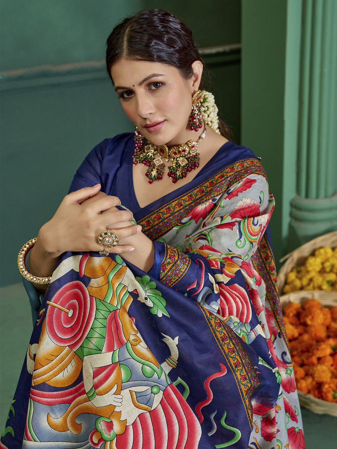 

KALINI Kalamkari Bagru Saree, Grey