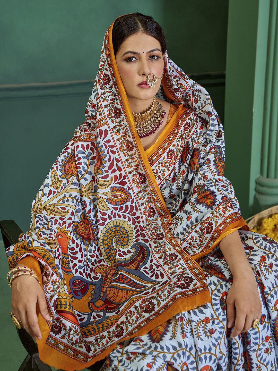 

KALINI Ethnic Motifs Bagru Saree, White