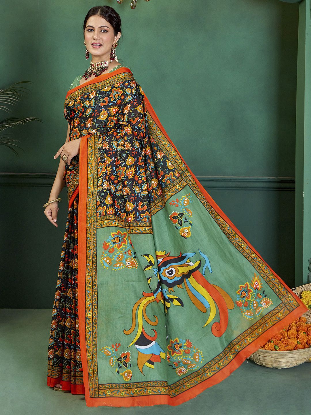 

KALINI Ethnic Motifs Printed Bagru Saree, Black