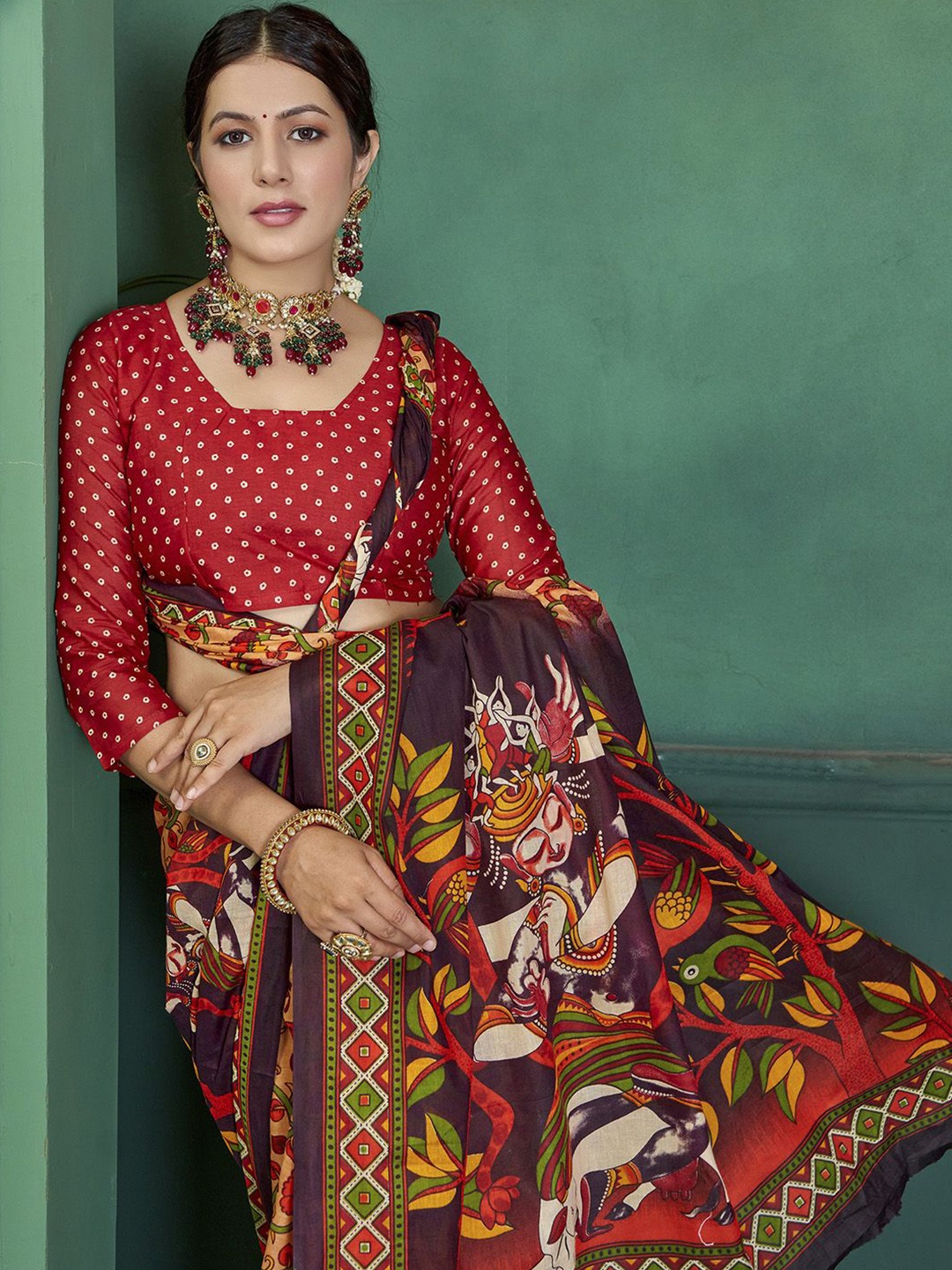 

KALINI Kalamkari Bagru Saree, Cream