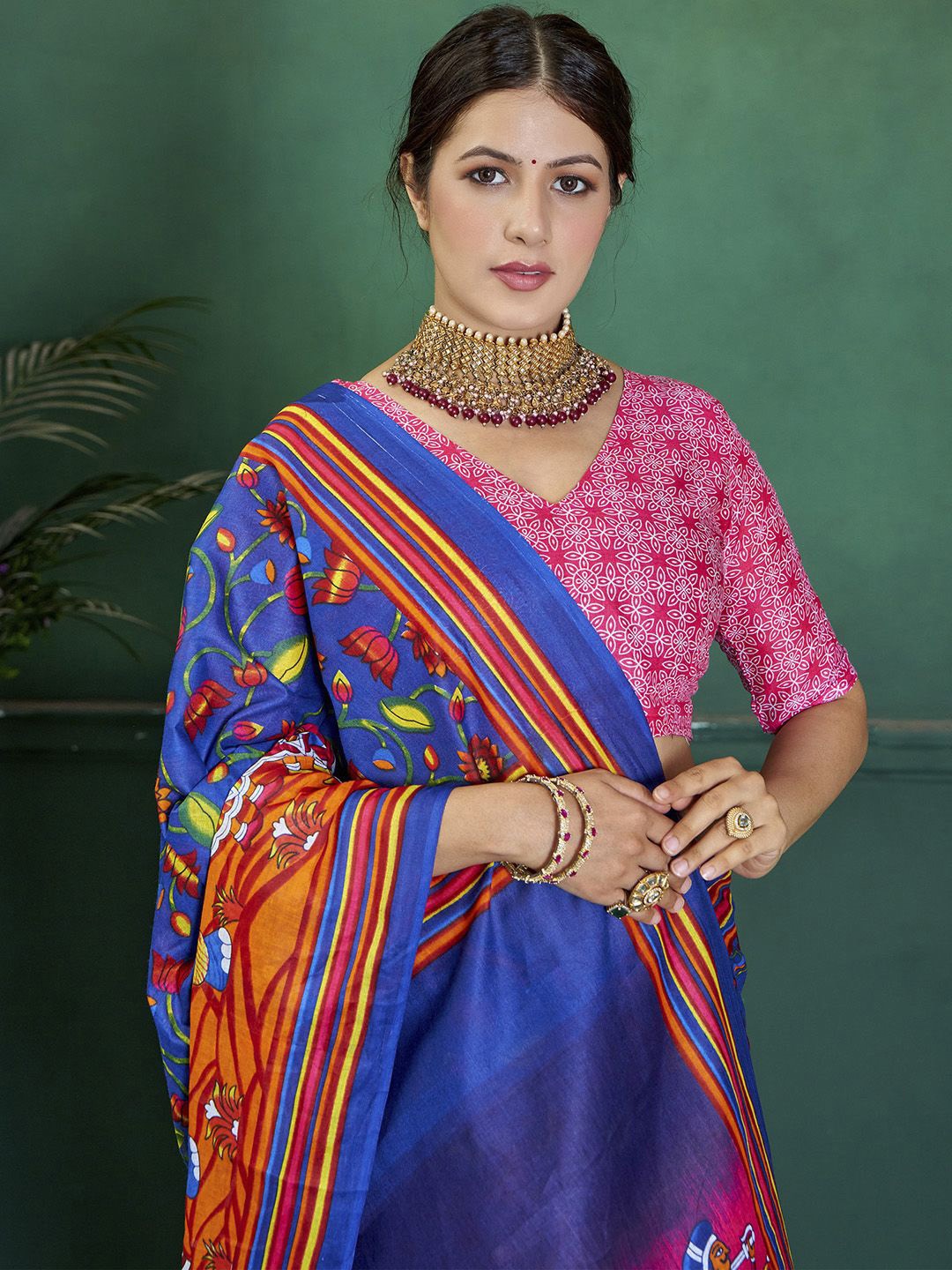 

KALINI Kalamkari Printed Bagru Saree, Navy blue