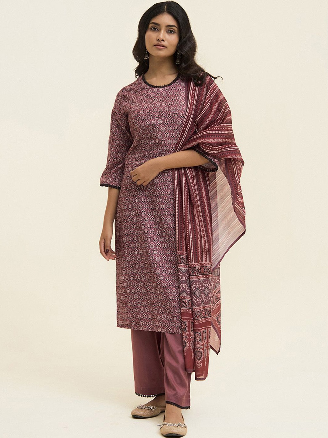 

Jaipur Kurti Handblock Printed Cotton Suit Set, Mauve