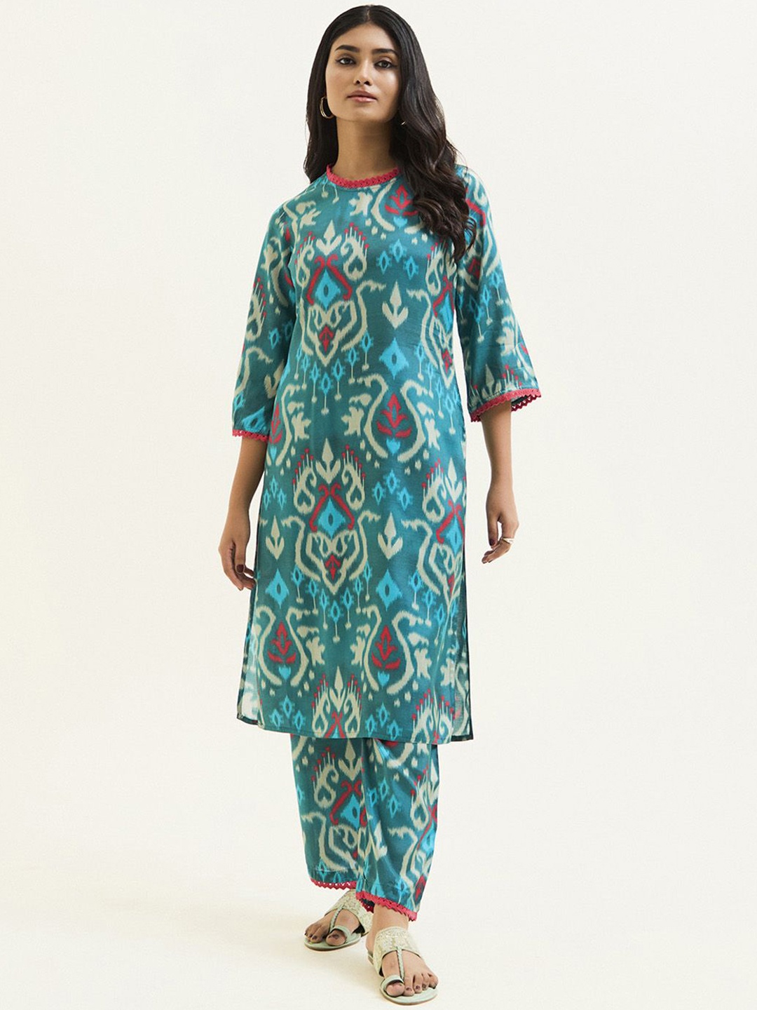 

Jaipur Kurti Ikat Printed Kurta With Palazzo, Teal