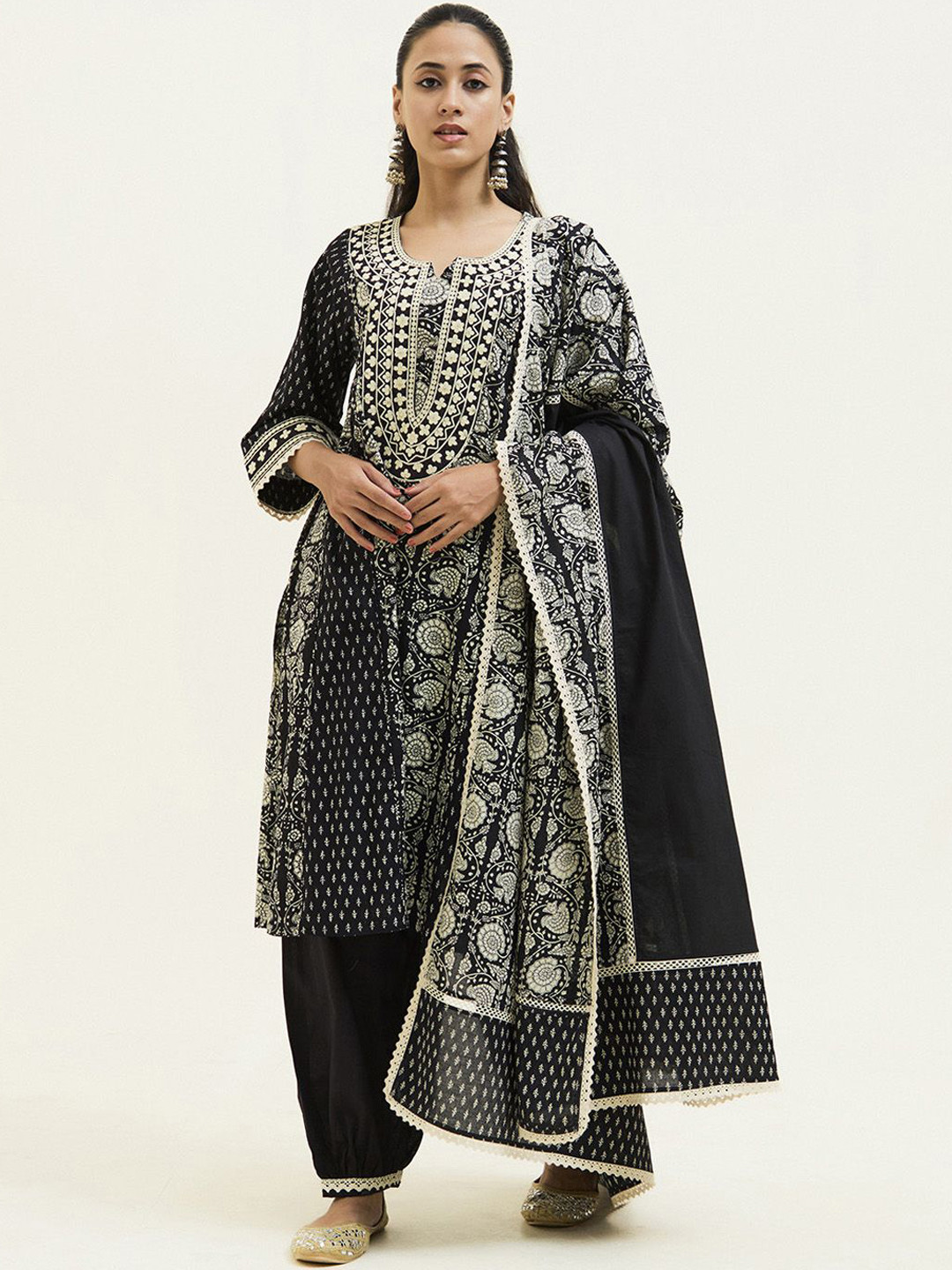 

Jaipur Kurti Handblock Printed Embroidered Pakistani Suit Set, Black