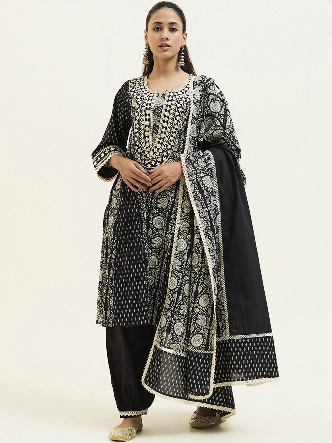 

Jaipur Kurti Handblock Printed Embroidered Pakistani Suit Set, Black