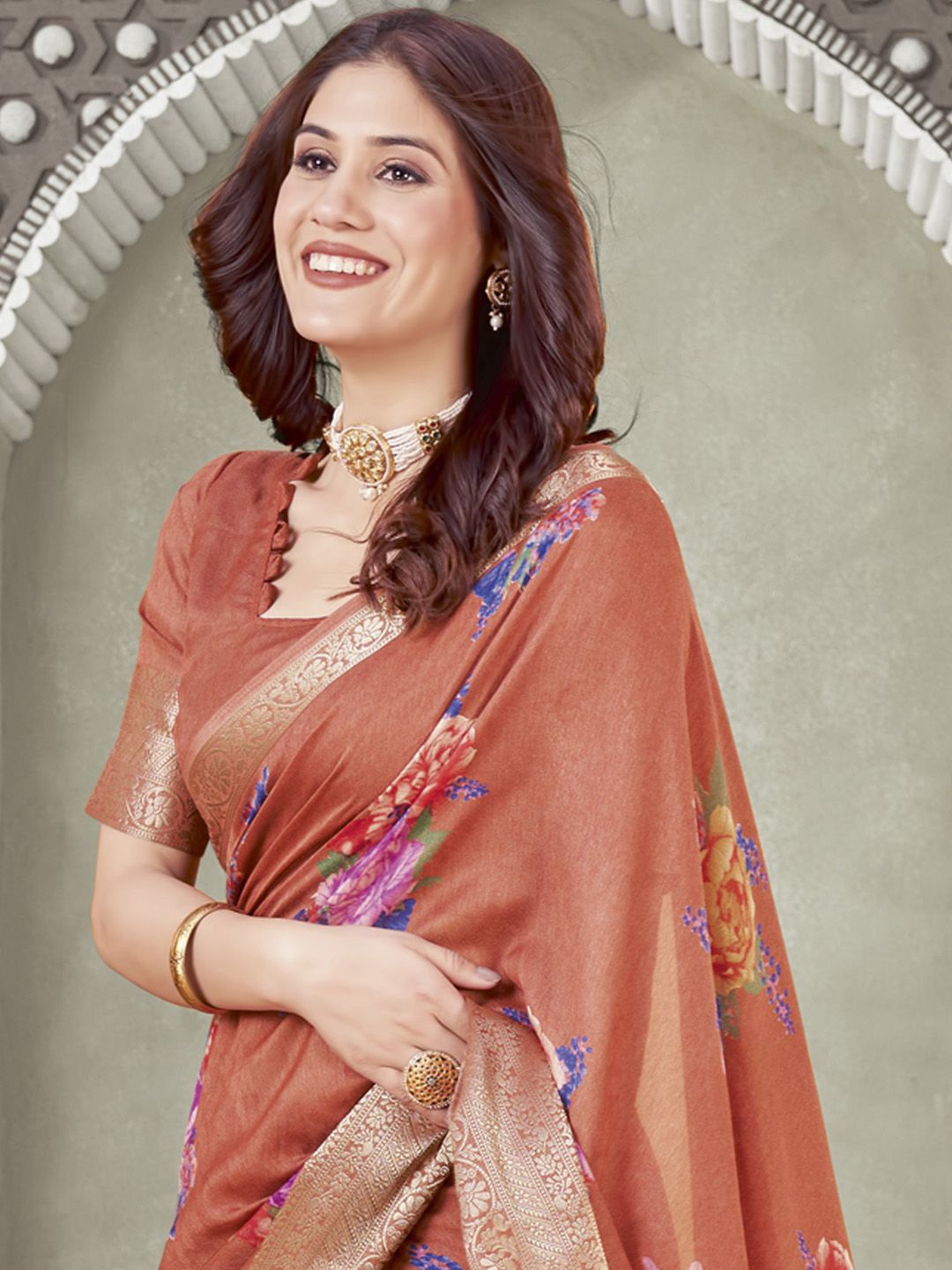 

Anouk Floral Zari Sungudi Saree, Rust