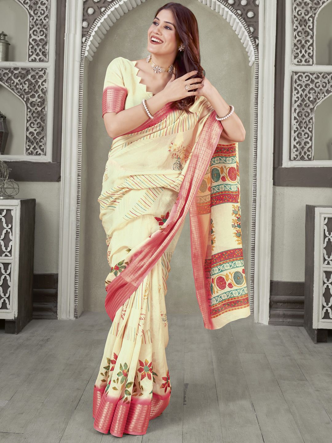 

Anouk Ethnic Motifs Zari Sungudi Saree, Cream