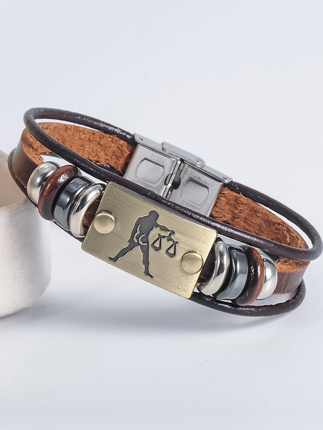 

Young & Forever Men Leather Libra Zodiac Star Sun Sign Wraparound Bracelet, Silver