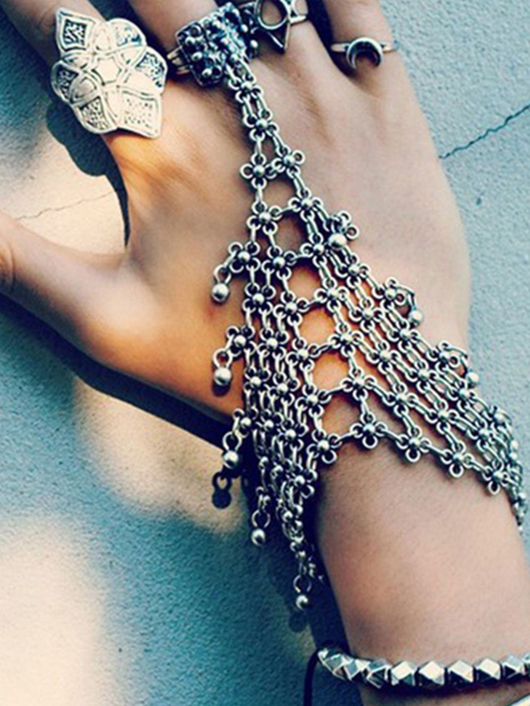 

Young & Forever Floral Bohemian Ring Bracelet, Silver