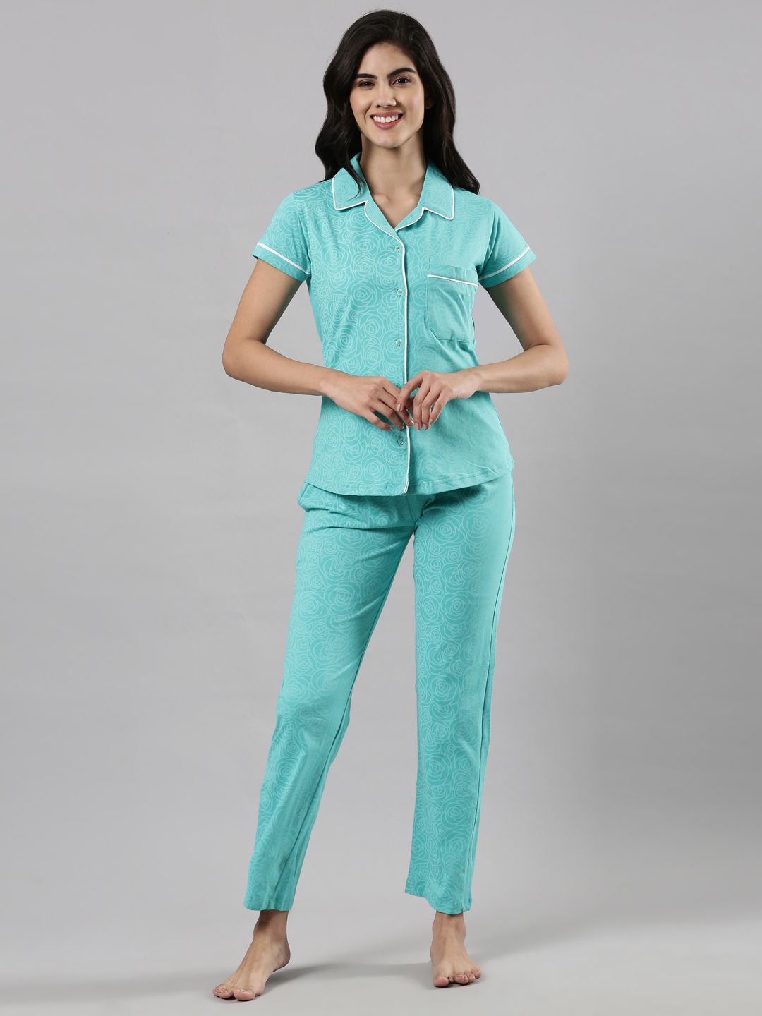 

Femmora Floral Printed Pure Cotton Shirt With Pyjamas, Blue