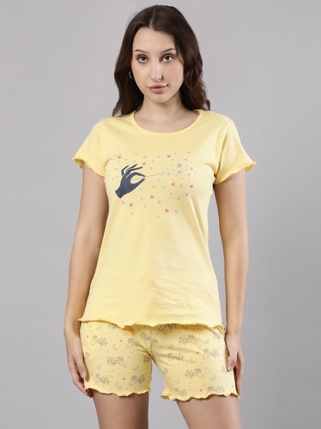 

Femmora Graphic Printed Pure Cotton Night Suit, Yellow