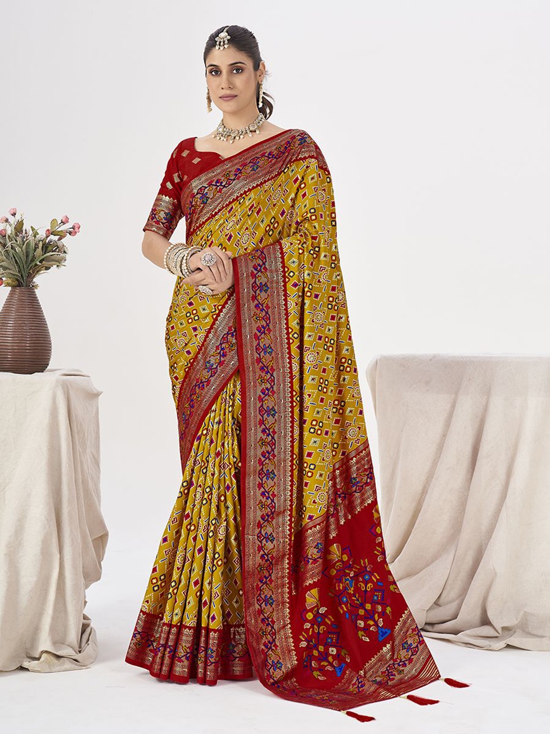 

Ethnielle Woven Design Zari Pure Silk Patola Saree, Mustard