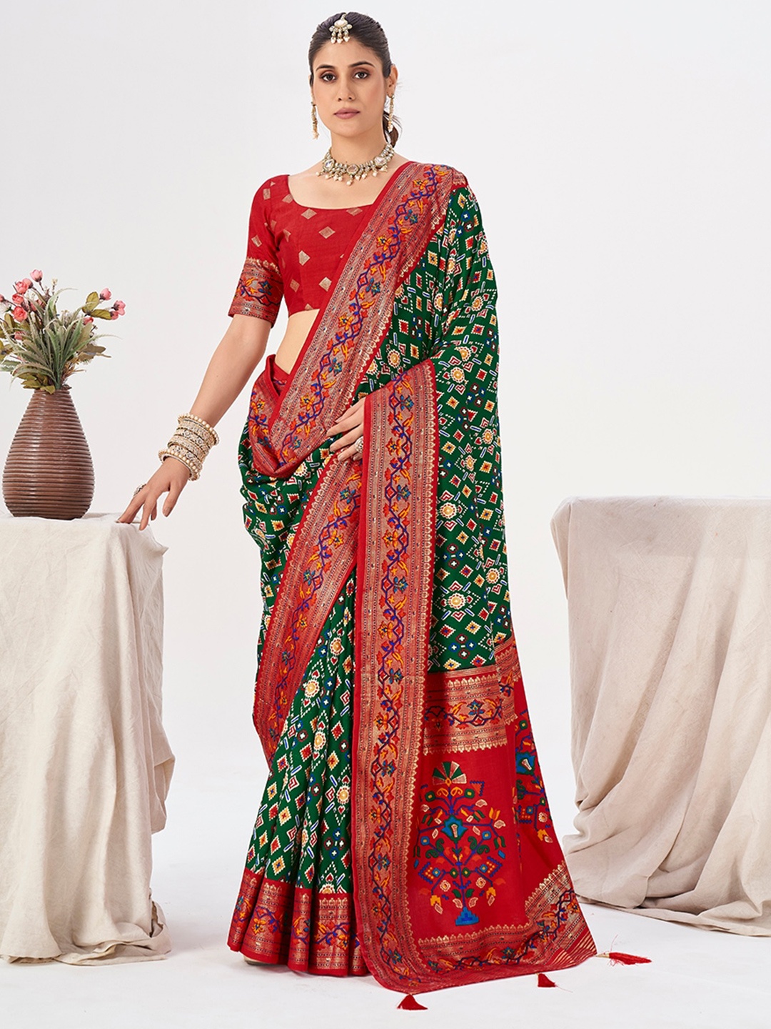 

Ethnielle Ethnic Motifs Zari Pure Silk Patola Saree, Green