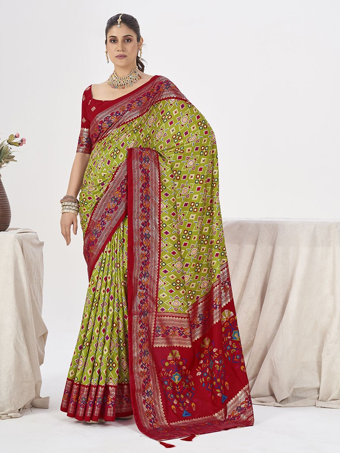 

Ethnielle Geometric Zari Patola Saree, Lime green