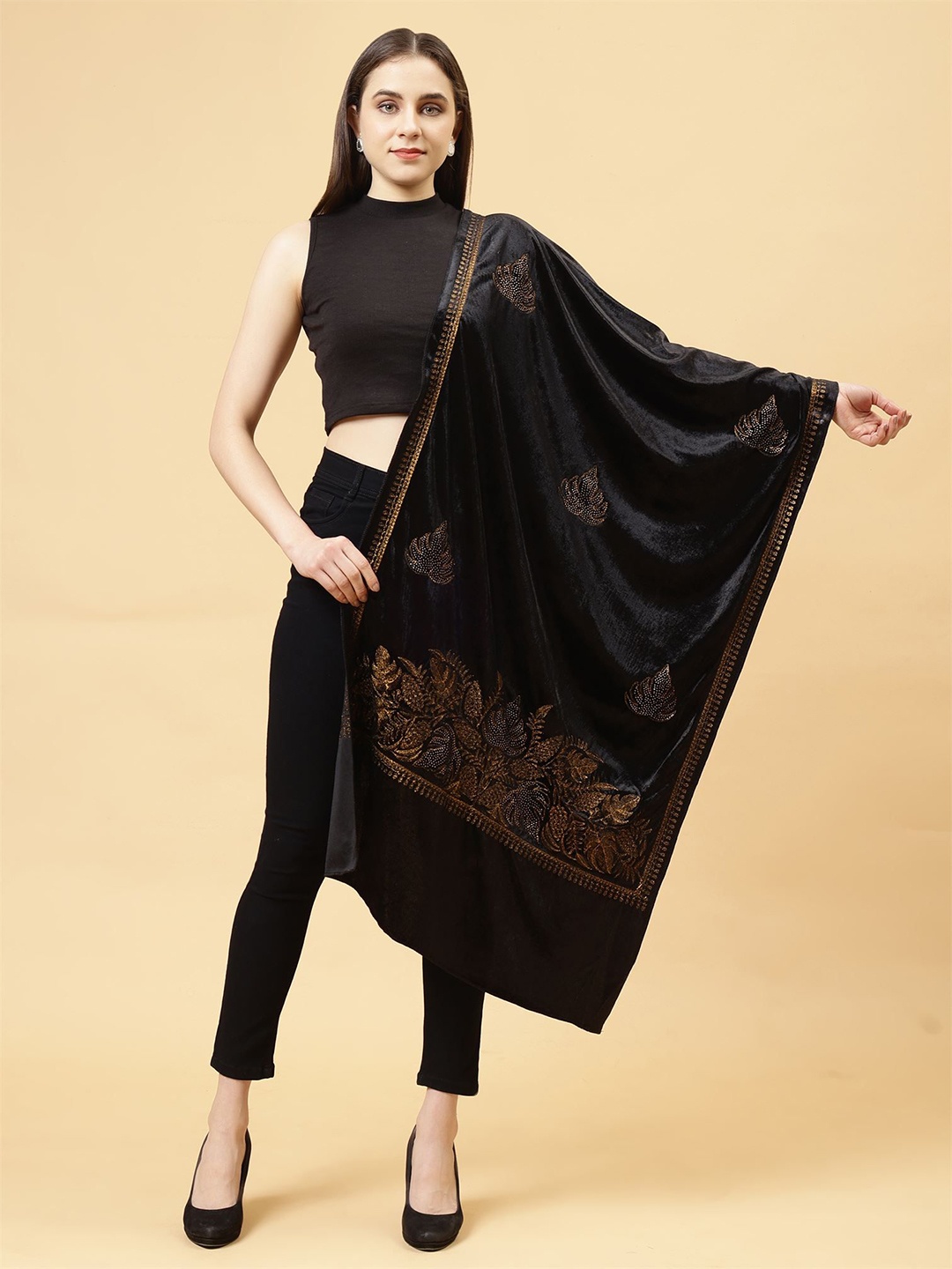 

Moda Chales Women Embroidered Stole, Black