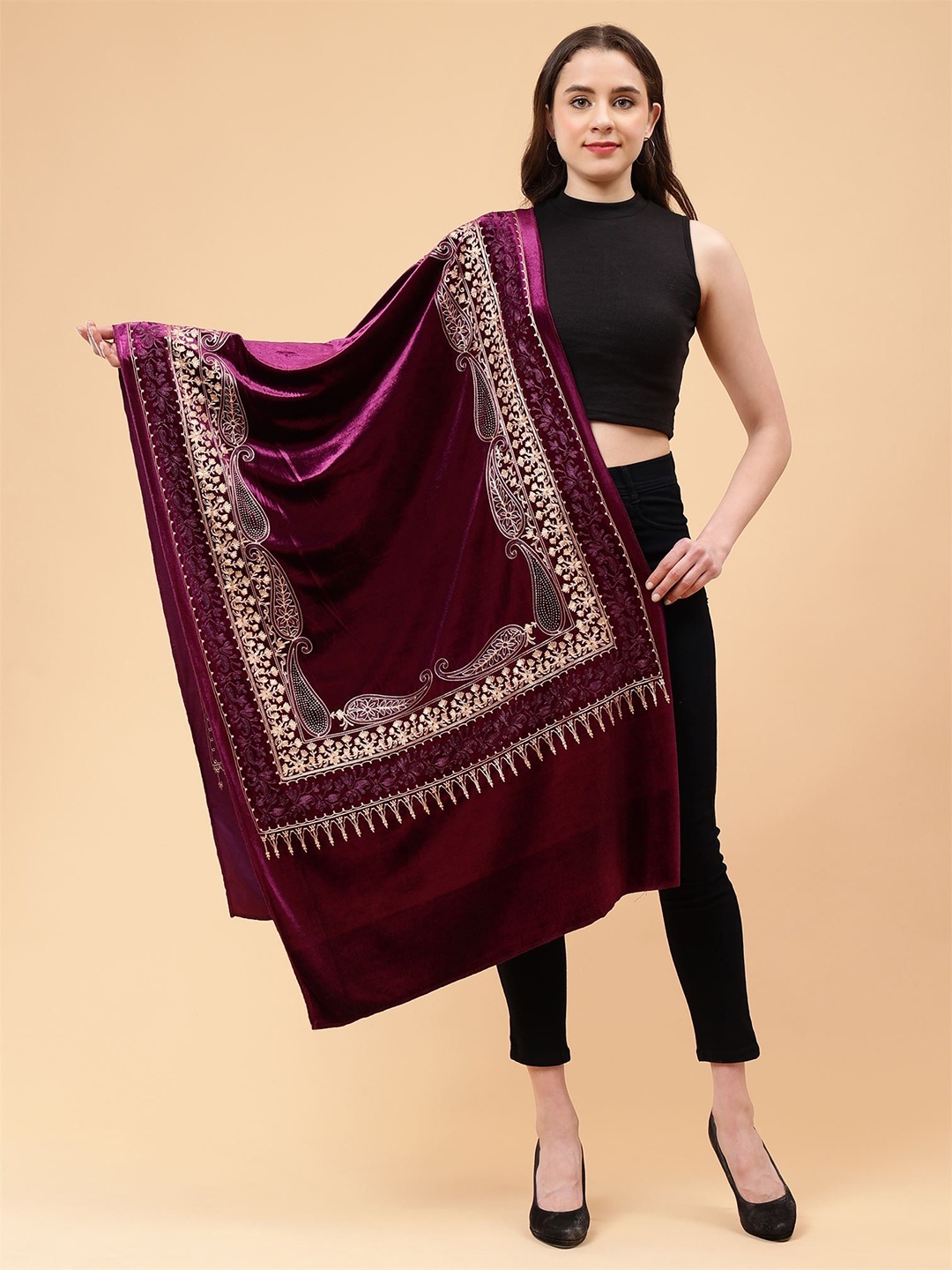 

Moda Chales Women Embroidered Stole, Purple