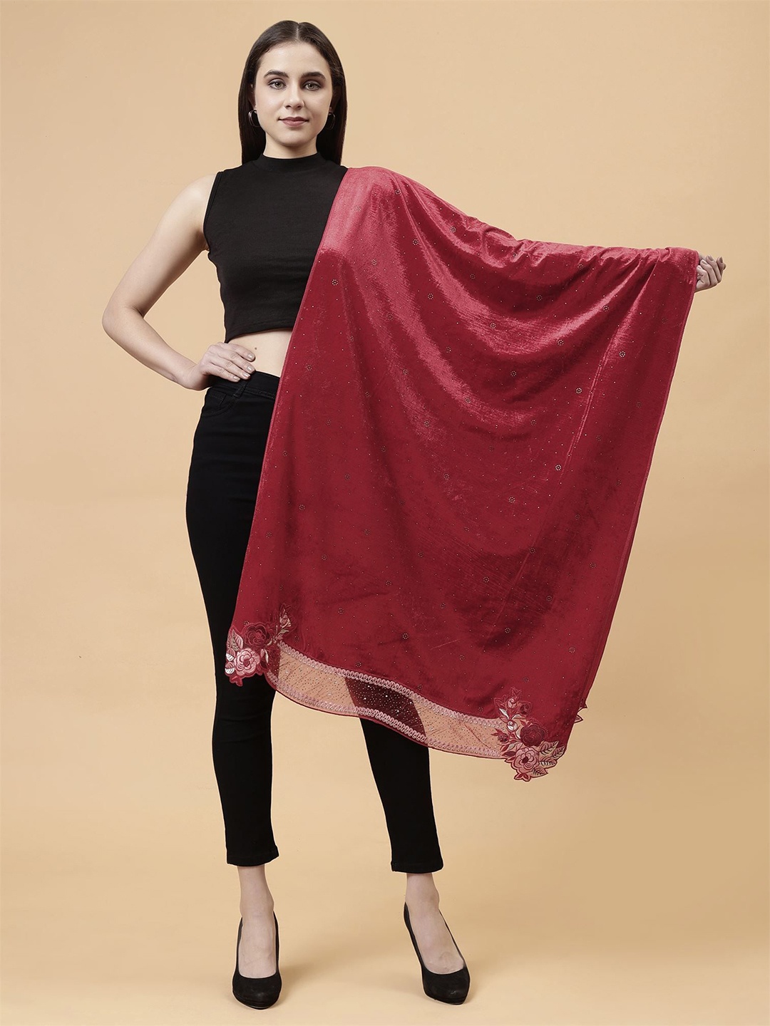 

Moda Chales Women Embroidered Stole, Red