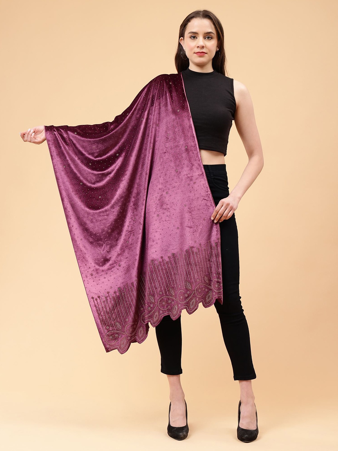 

Moda Chales Women Embroidered Stole, Purple