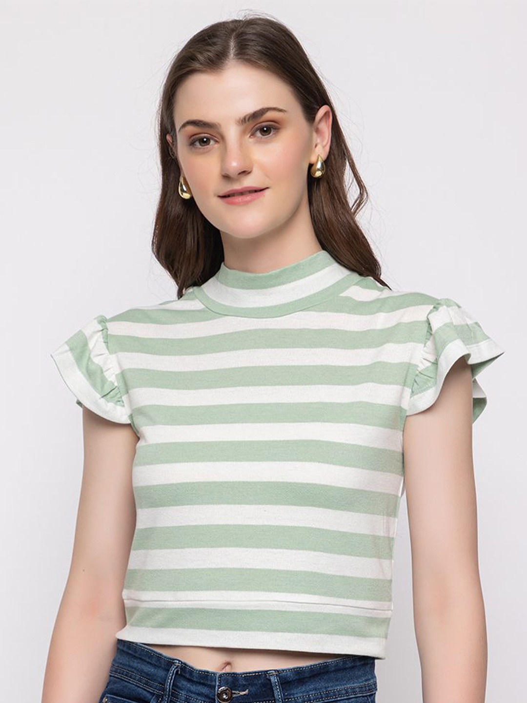 

HANG N HOLD Striped Flutter Sleeve Crop Top, Green