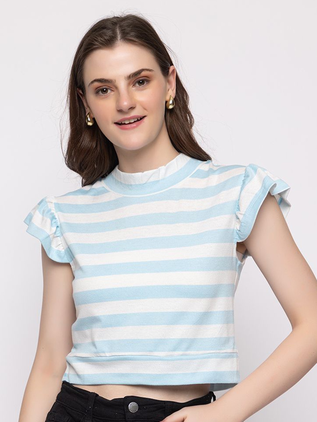 

HANG N HOLD Striped Flutter Sleeve Crop Top, Blue
