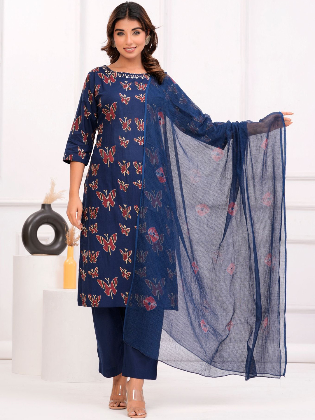 

KALINI Printed Regular Mirror Work Pure Cotton Kurta with Trousers & With Dupatta, Navy blue