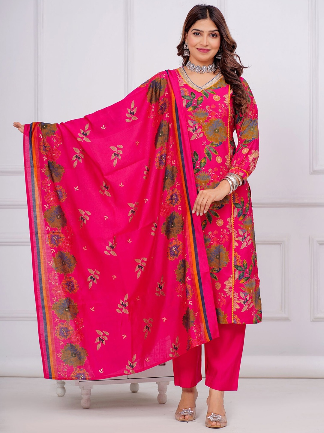 

KALINI Floral Printed Regular Thread Work Pure Wool Kurta with Trousers & With Dupatta, Pink