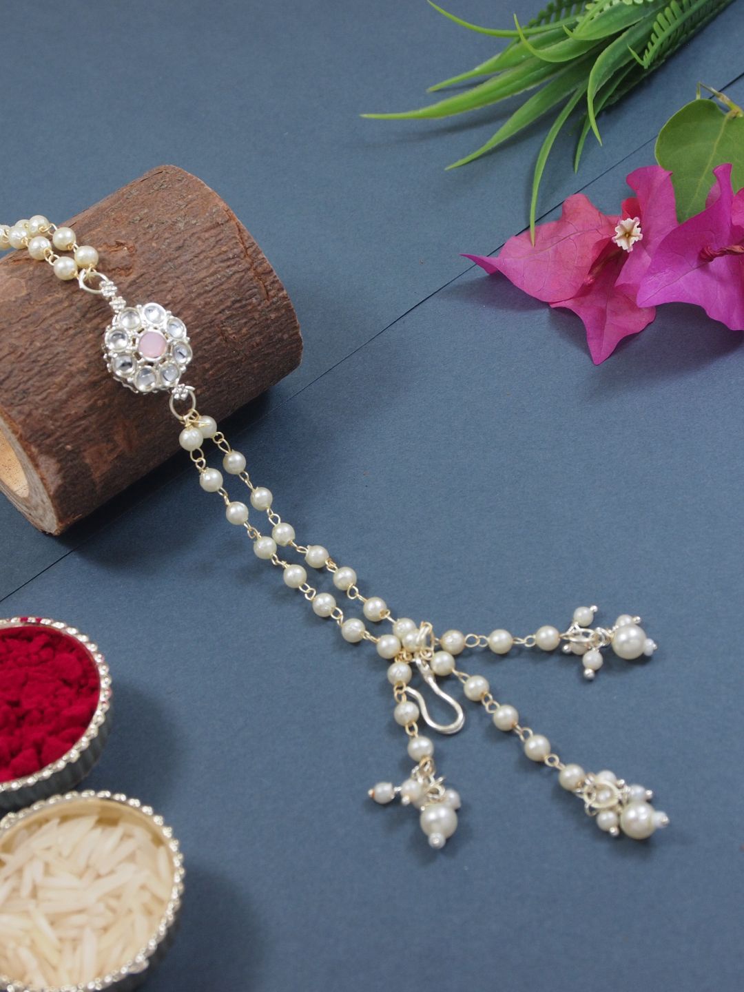 

I Jewels Floral Shaped Kundan & Pearl Lumba Bracelet Rakhi, Gold