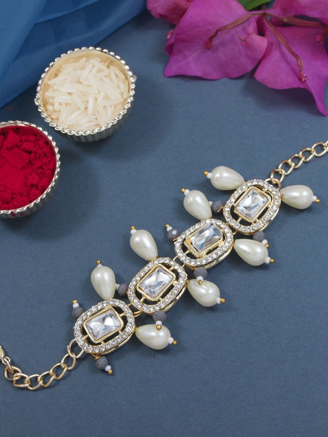 

I Jewels Pearl Beaded Lumba Bracelet Rakhi, Gold