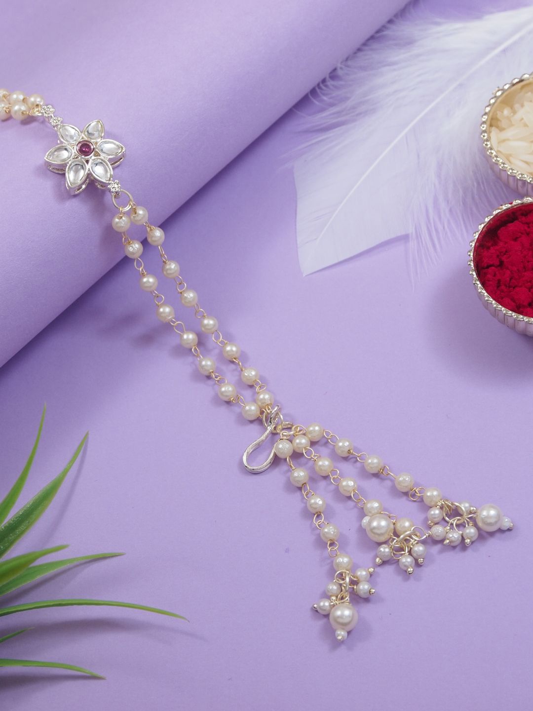 

I Jewels Kundan Pearl Beaded Lumba Bracelet Rakhi, Purple