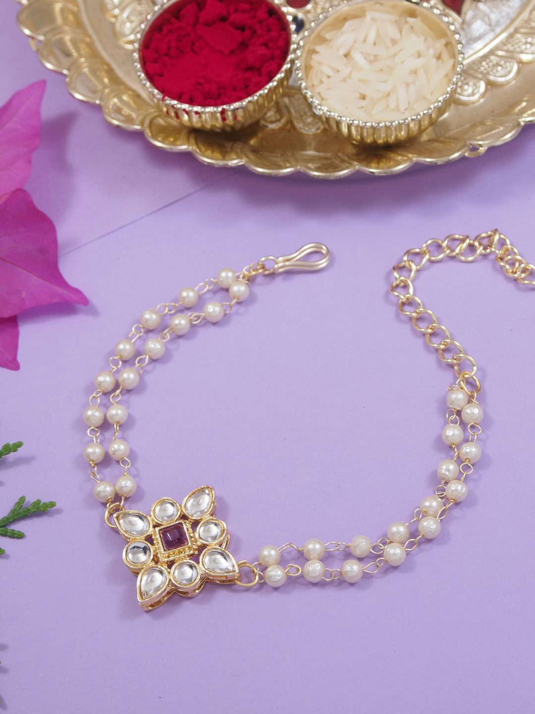 

I Jewels Floral Shaped Kundan & Pearl Lumba Bracelet Rakhi, Gold