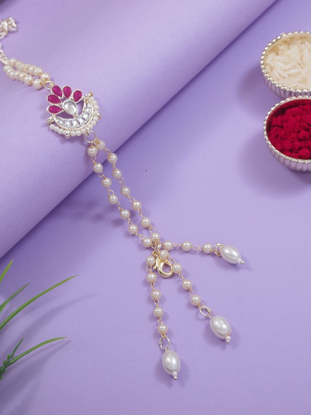 

I Jewels Kundan Pearl Beaded Lumba Bracelet Rakhi, Gold