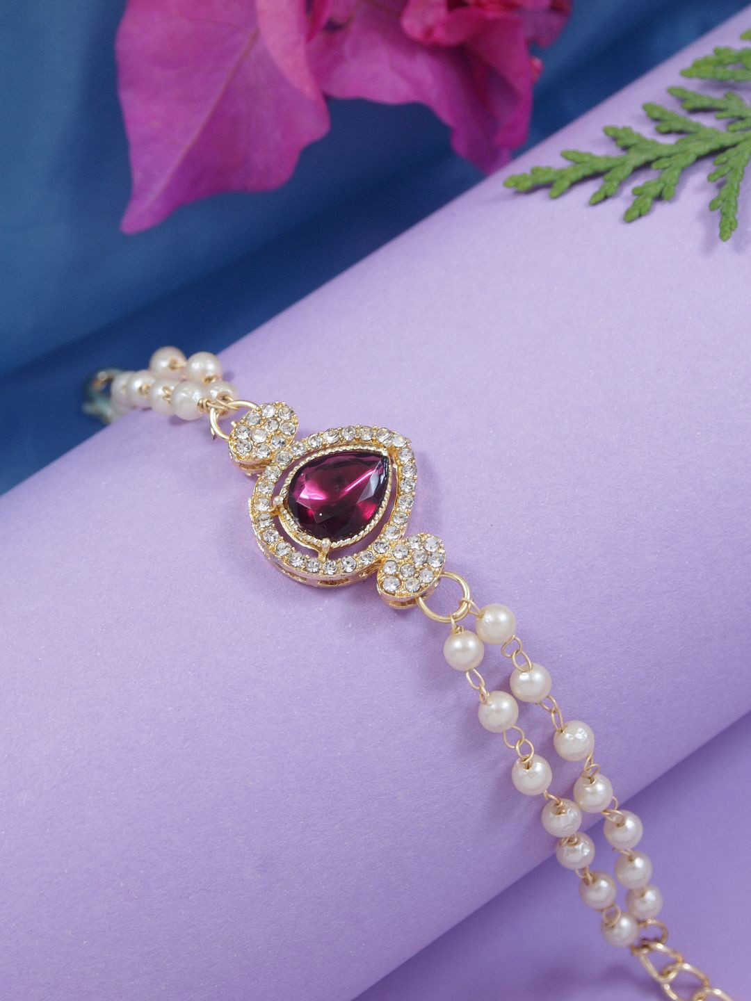 

I Jewels Kundan Pearl Beaded Lumba Bracelet Rakhi, Gold