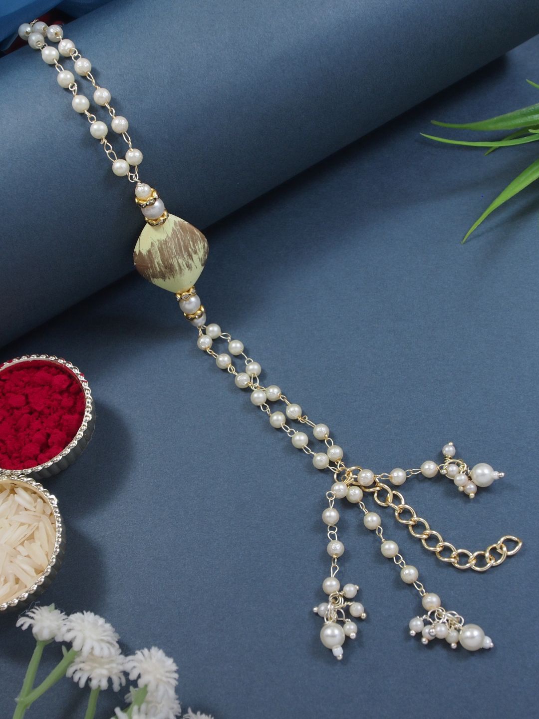 

I Jewels Gold-Plated Kundan & Pearl Beaded Lumba Bracelet Rakhi
