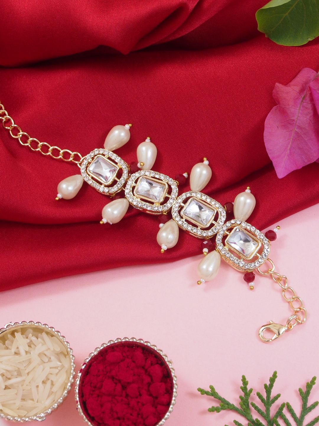 

I Jewels Gold-Plated Kundan & Pearl Beaded Lumba Bracelet Rakhi