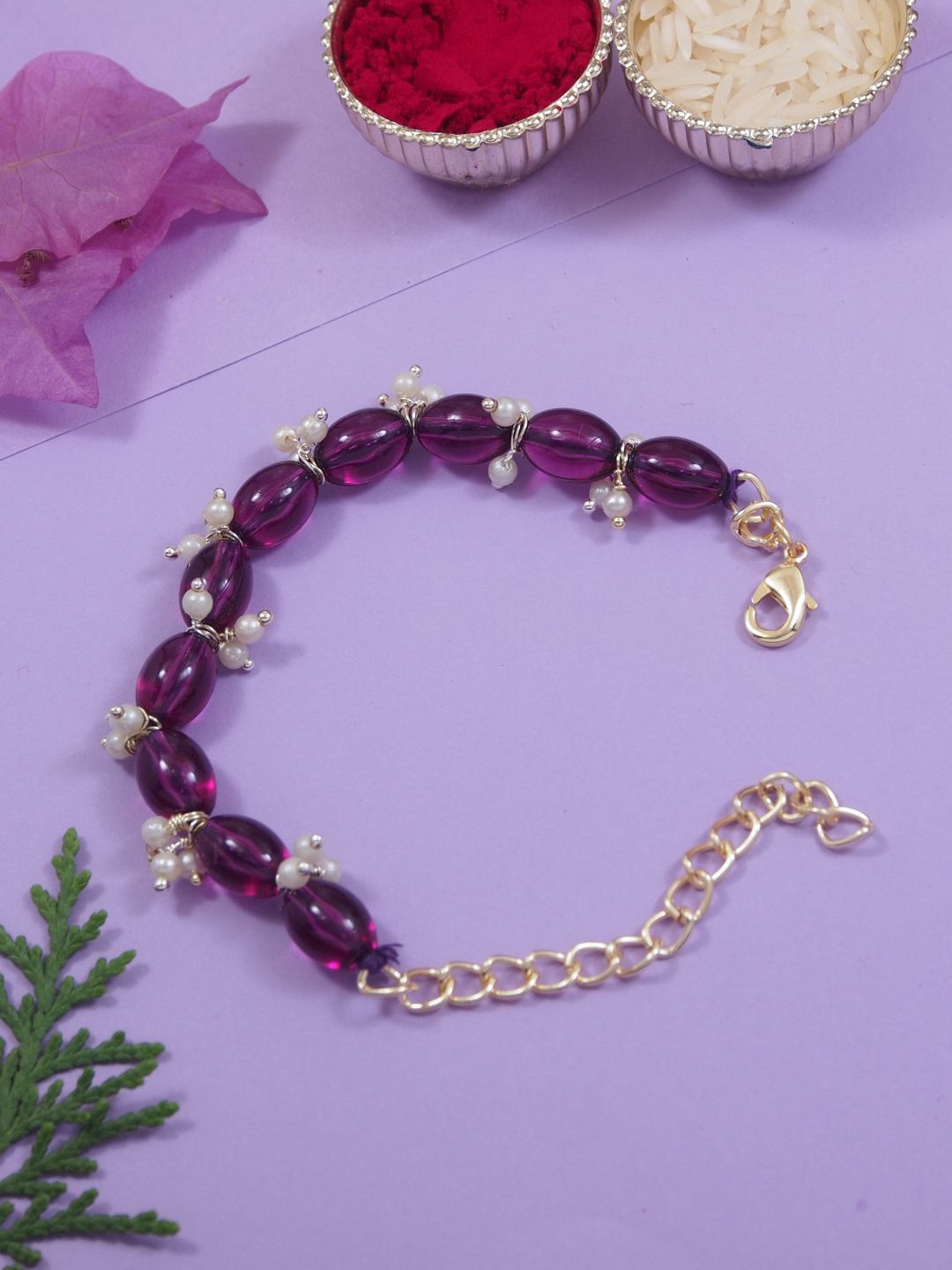 

I Jewels Traditional Pearl Lumba Bracelet Rakhi, Purple