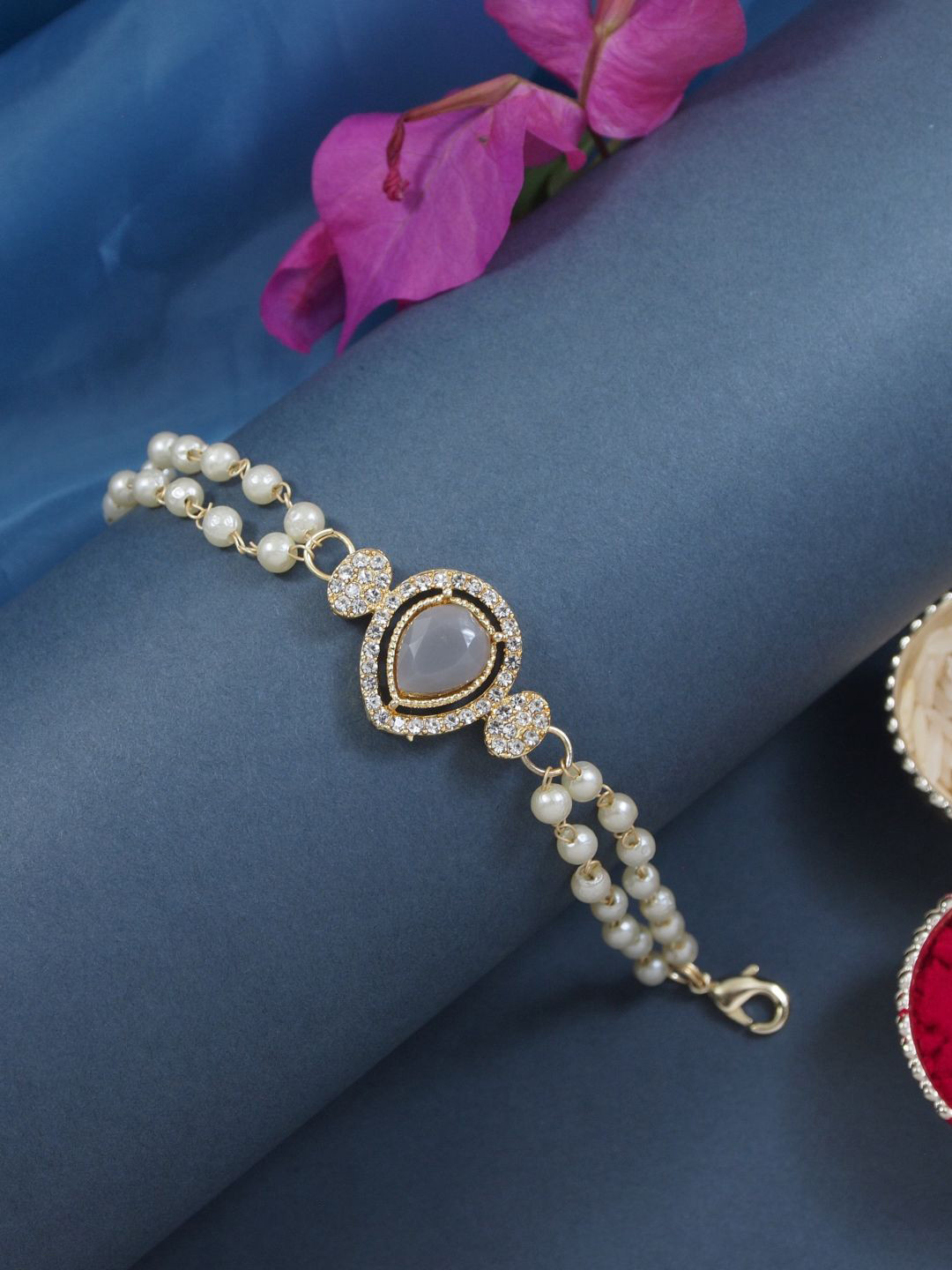 

I Jewels Drop Shaped Kundan & Pearl Lumba Bracelet Rakhi, Gold