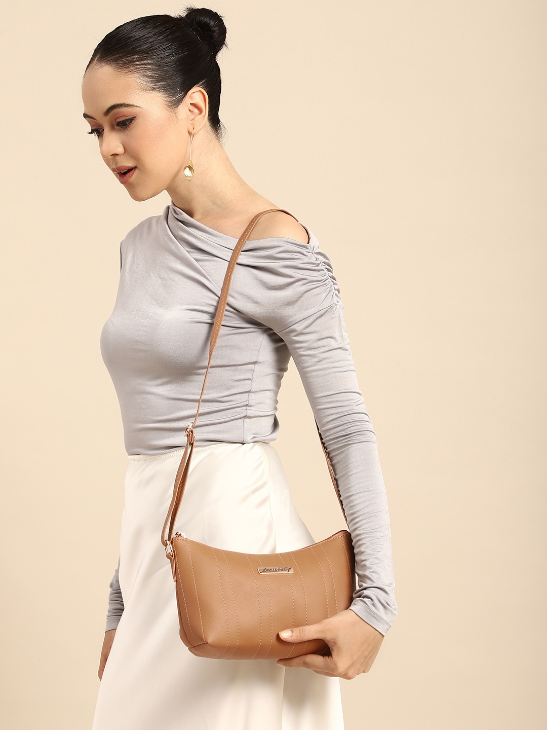 

DressBerry Striped Structured Sling Bag, Khaki