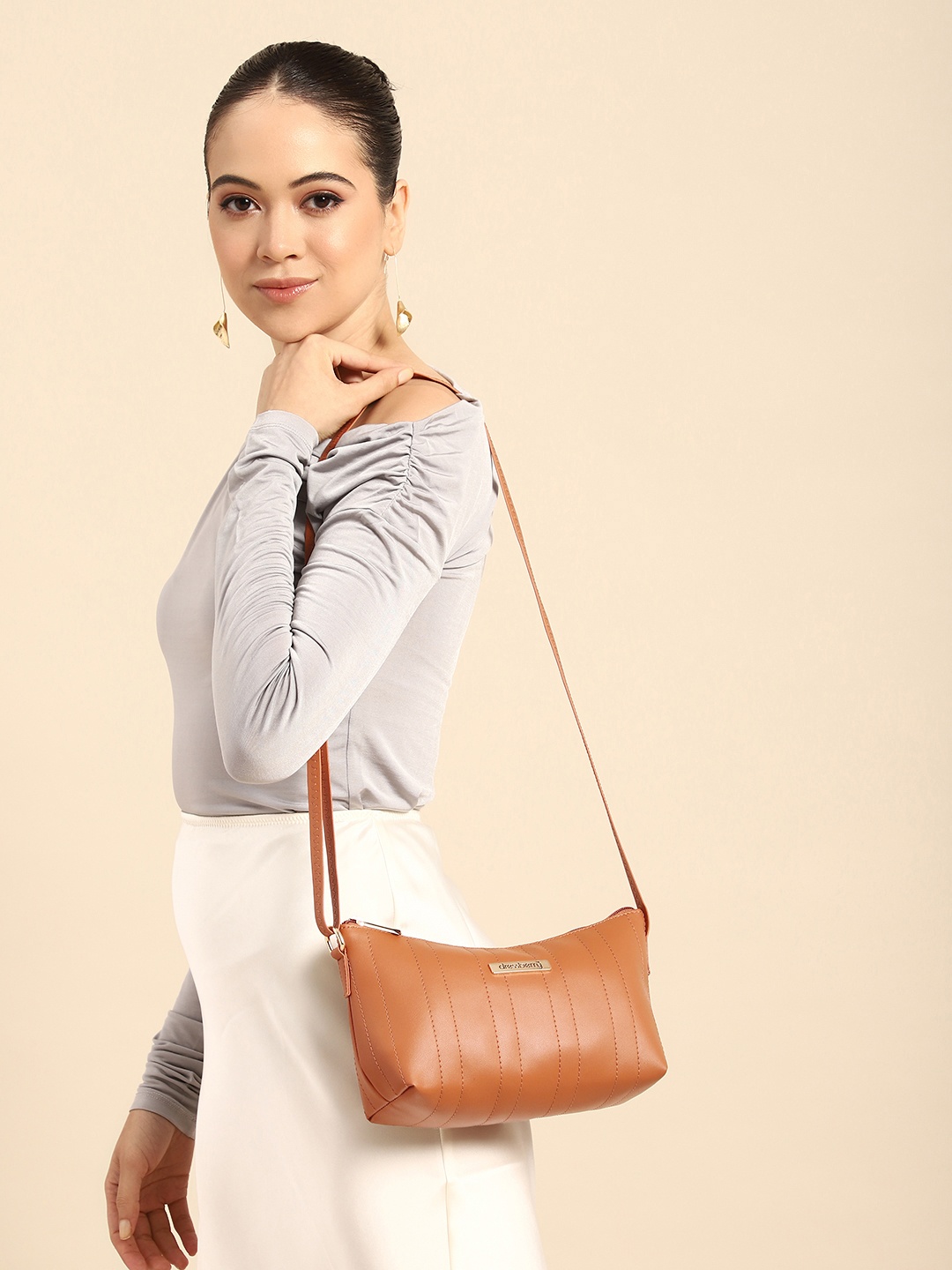 

DressBerry Striped Structured Sling Bag, Tan