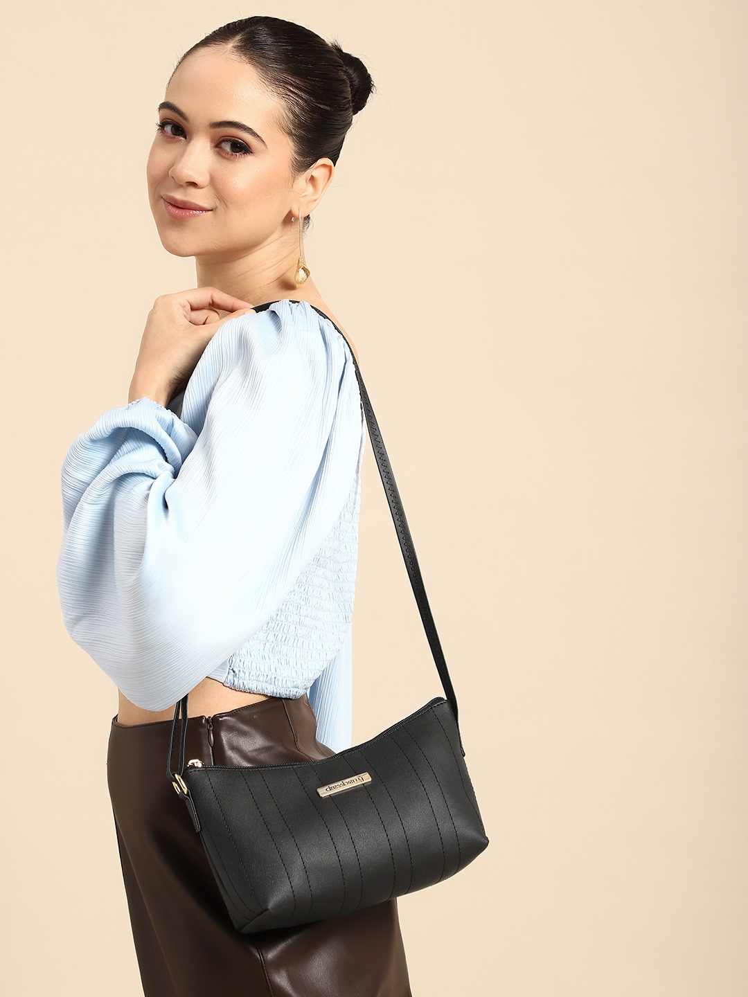 

DressBerry Striped Structured Sling Bag, Black