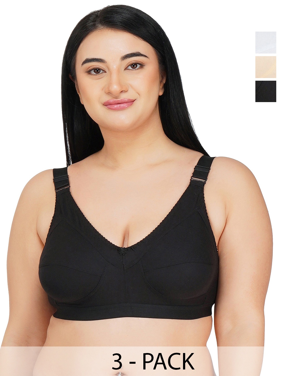 

R Cube Pack of 3 Full Coverage Non Padded Everyday Bra- All Day Comfort, Black