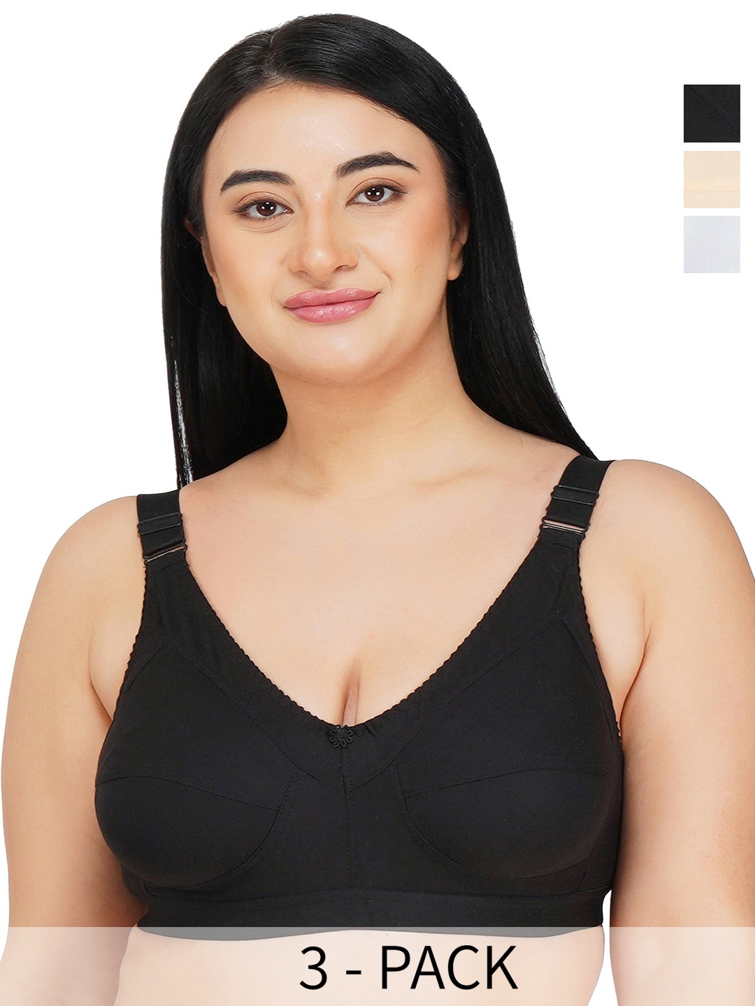 

R Cube Pack Of 3 Full Coverage Non Padded Cotton Everyday Bra With All Day Comfort, Black